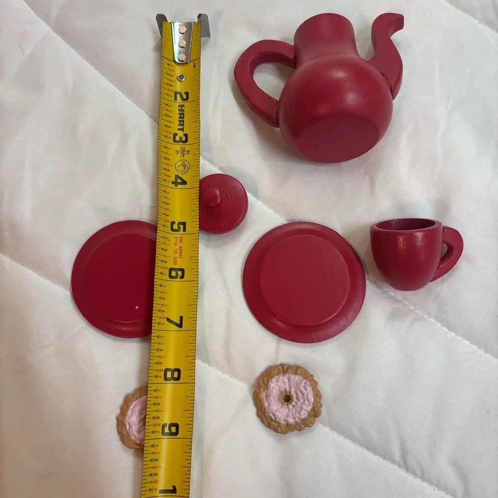 Red Toy Tea Set with 2 Cookies play tea seat for 18” dolls